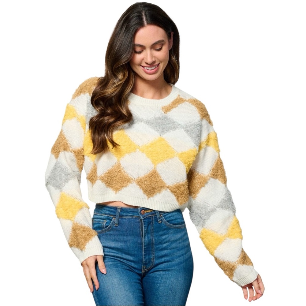 Textured Argyle Cropped Sweater Soft Fuzzy Knit Yellow Tan Gray S M L - Picture 1 of 6